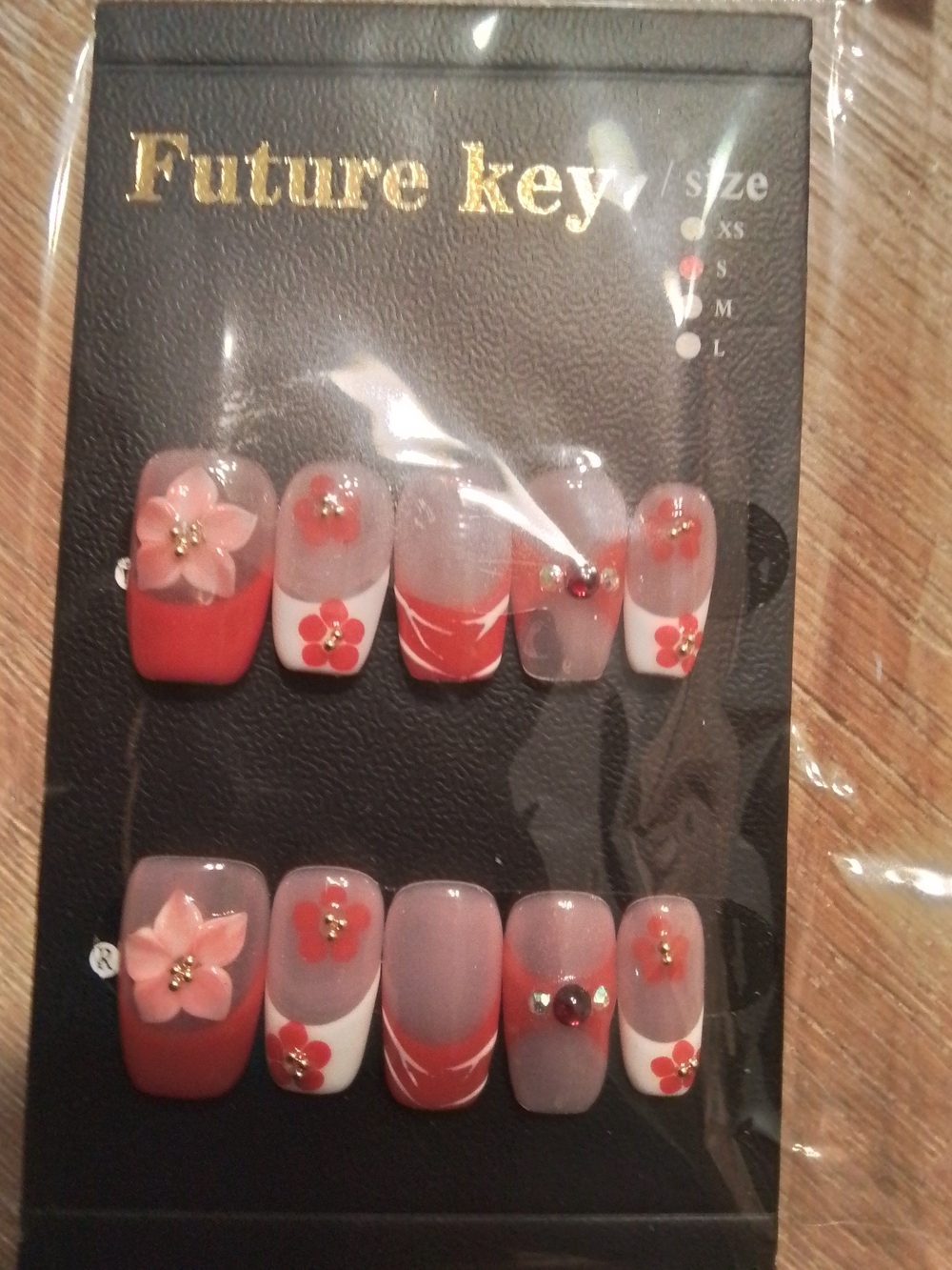 Future Key 3D Red/Pink Floral Press-On Nail Set Size Small